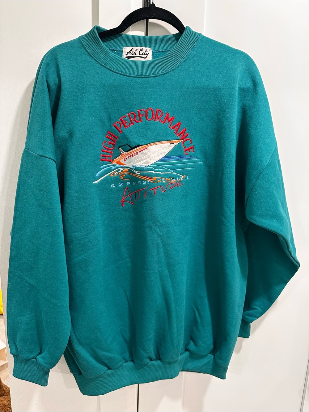 Vintage Teal Ash City Crewneck Sweater - with Embroidered Speed Boat LARGE